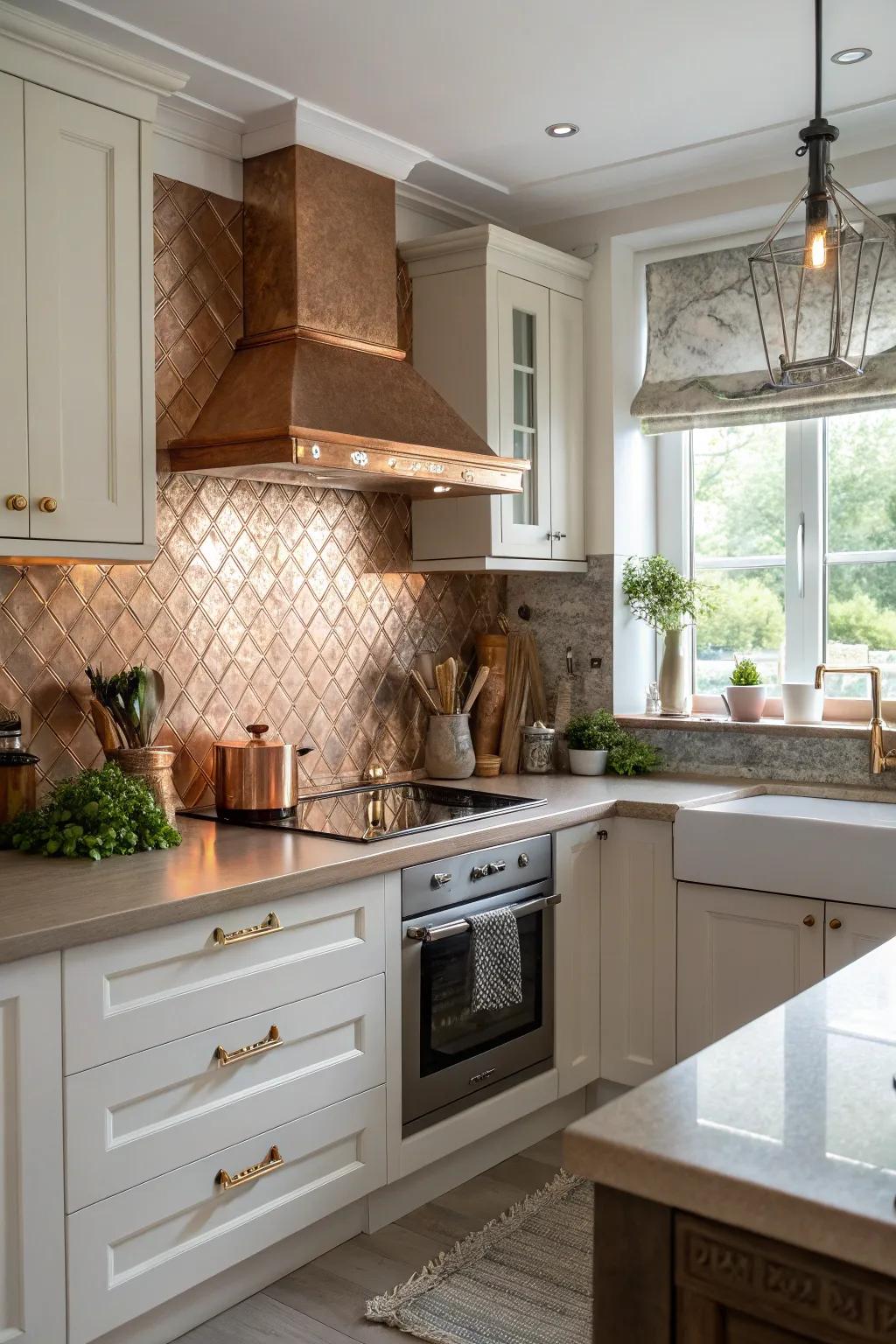 Copper elements in the backsplash create a unique and artistic kitchen feature.