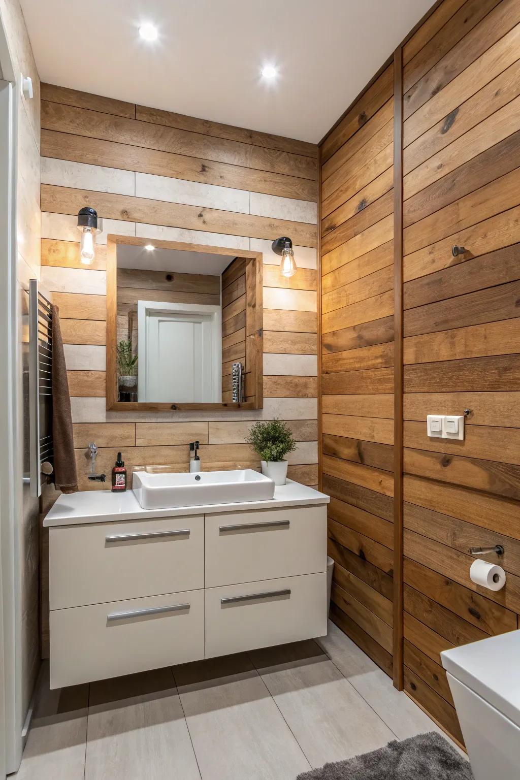 Bathroom showcasing two-tone vertical and horizontal wood paneling.