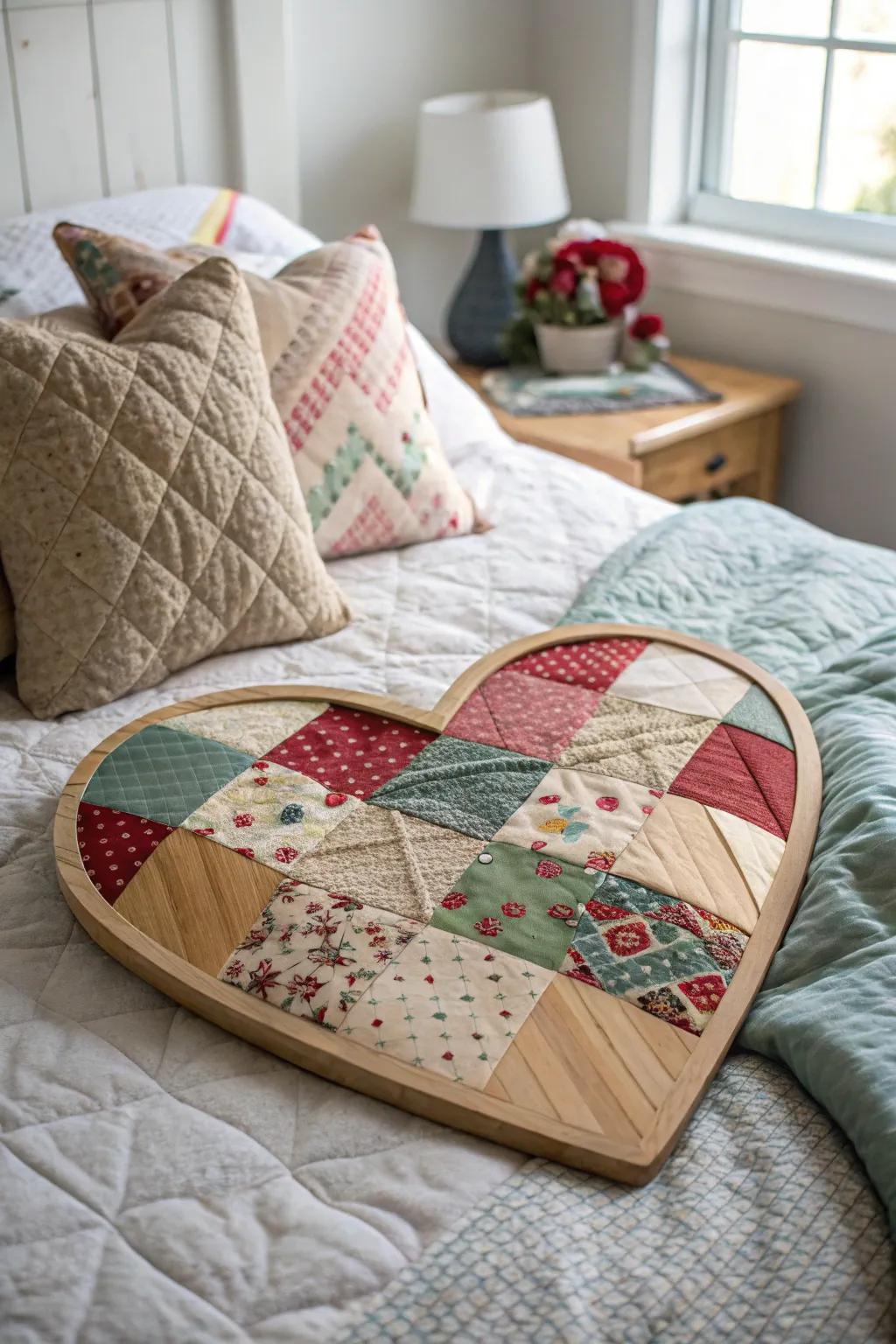 Patchwork quilt hearts bring warmth and charm to any space.