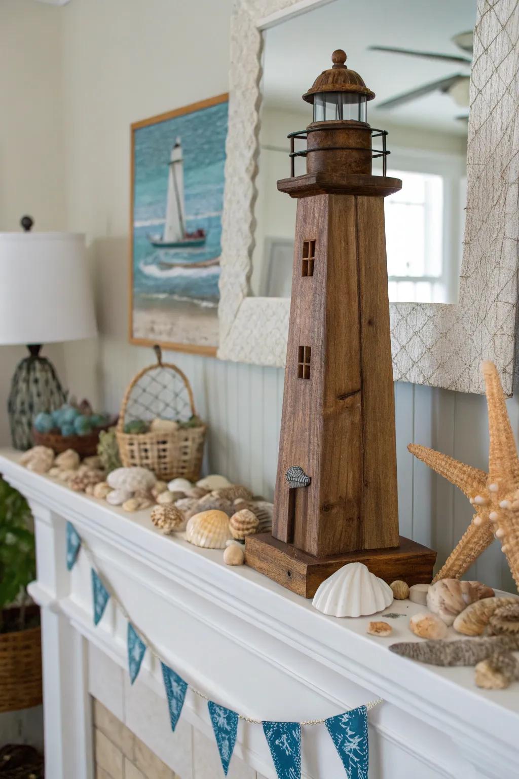 Wooden lighthouse trophies offer a charming nautical touch.