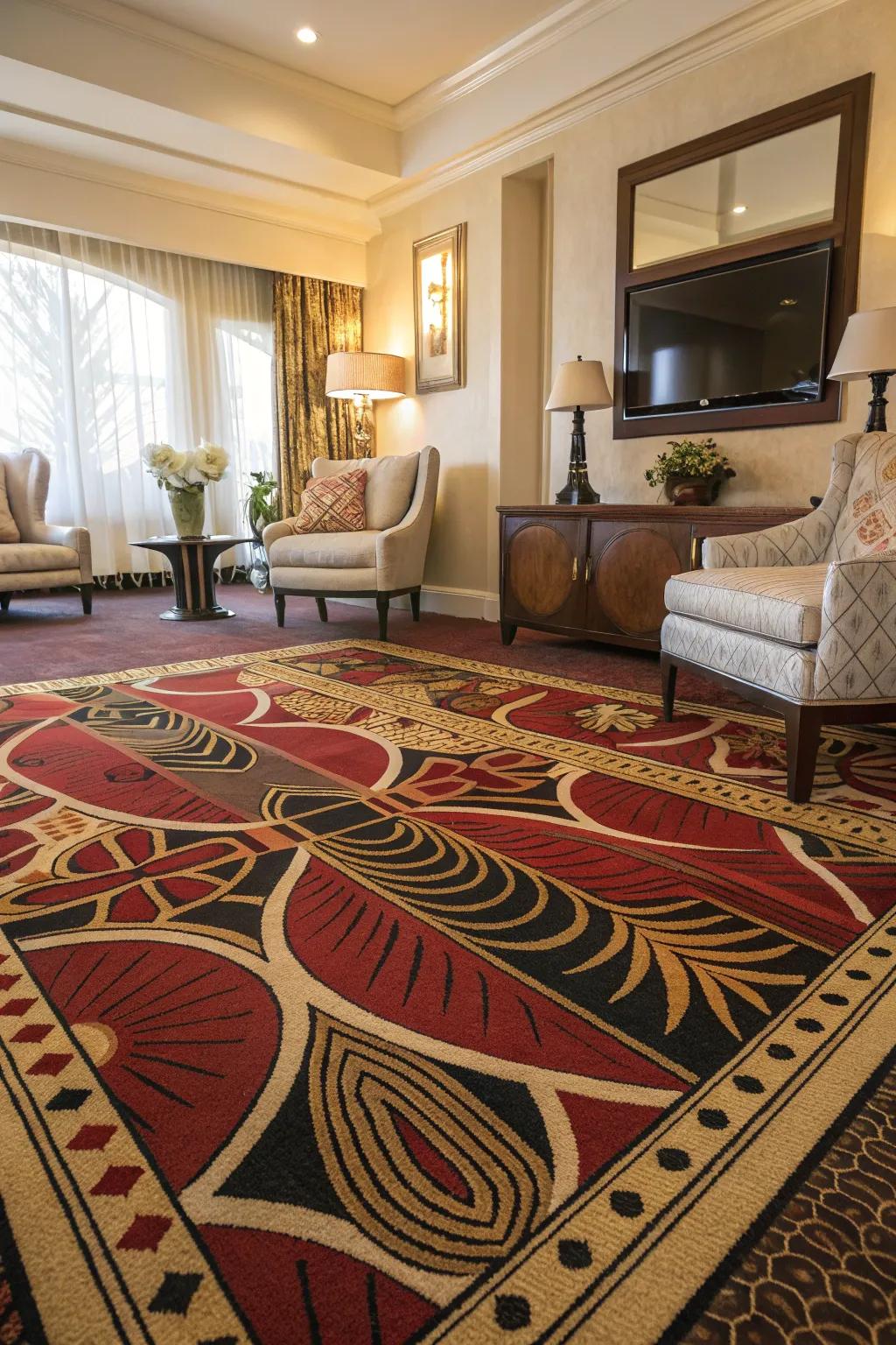 Art Deco carpeting adds warmth and a bold statement to a 1930s-inspired living room.