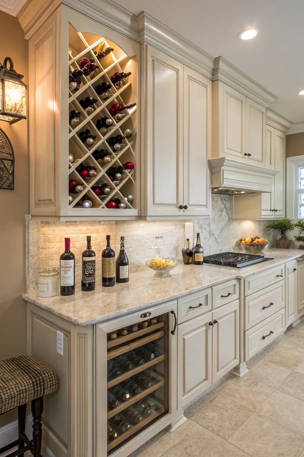 A wine rack above cabinets adds sophistication and storage.