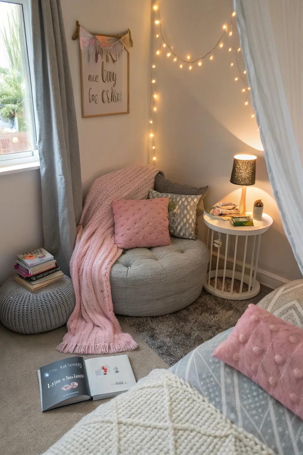 A cozy reading nook offers a perfect retreat within the bedroom.