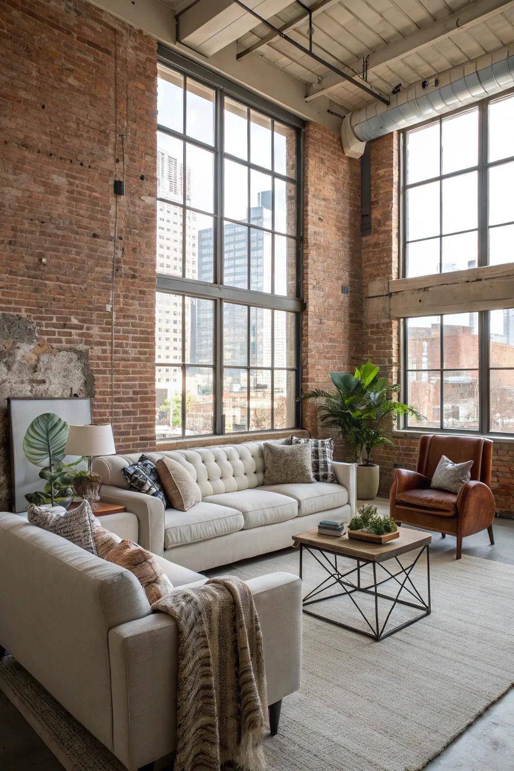 A loft-style living room with a brick wall offers an industrial yet cozy feel.