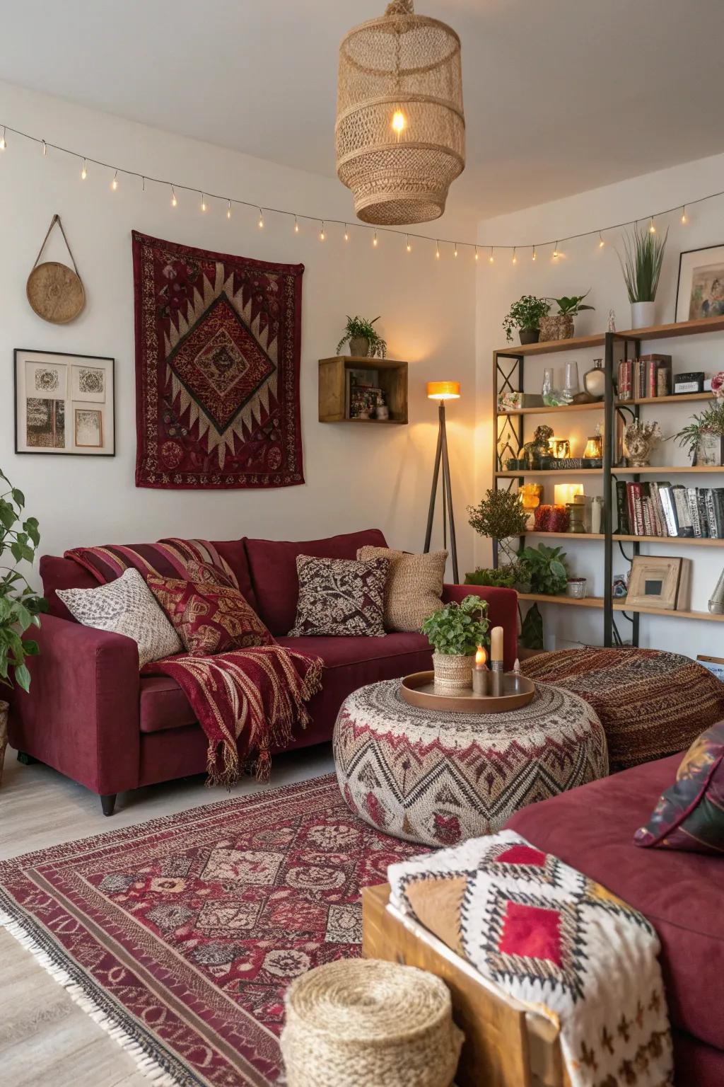 Burgundy and bohemian vibes create a relaxed and artistic living room.