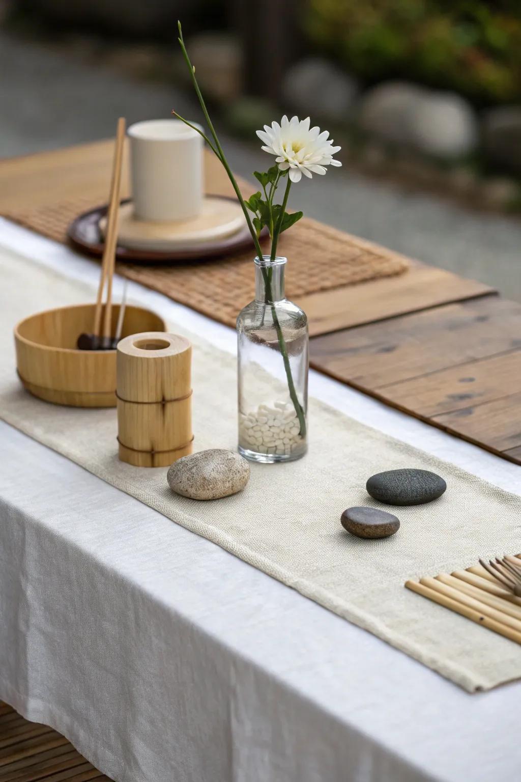 Zen retreat with a neutral cheesecloth runner.