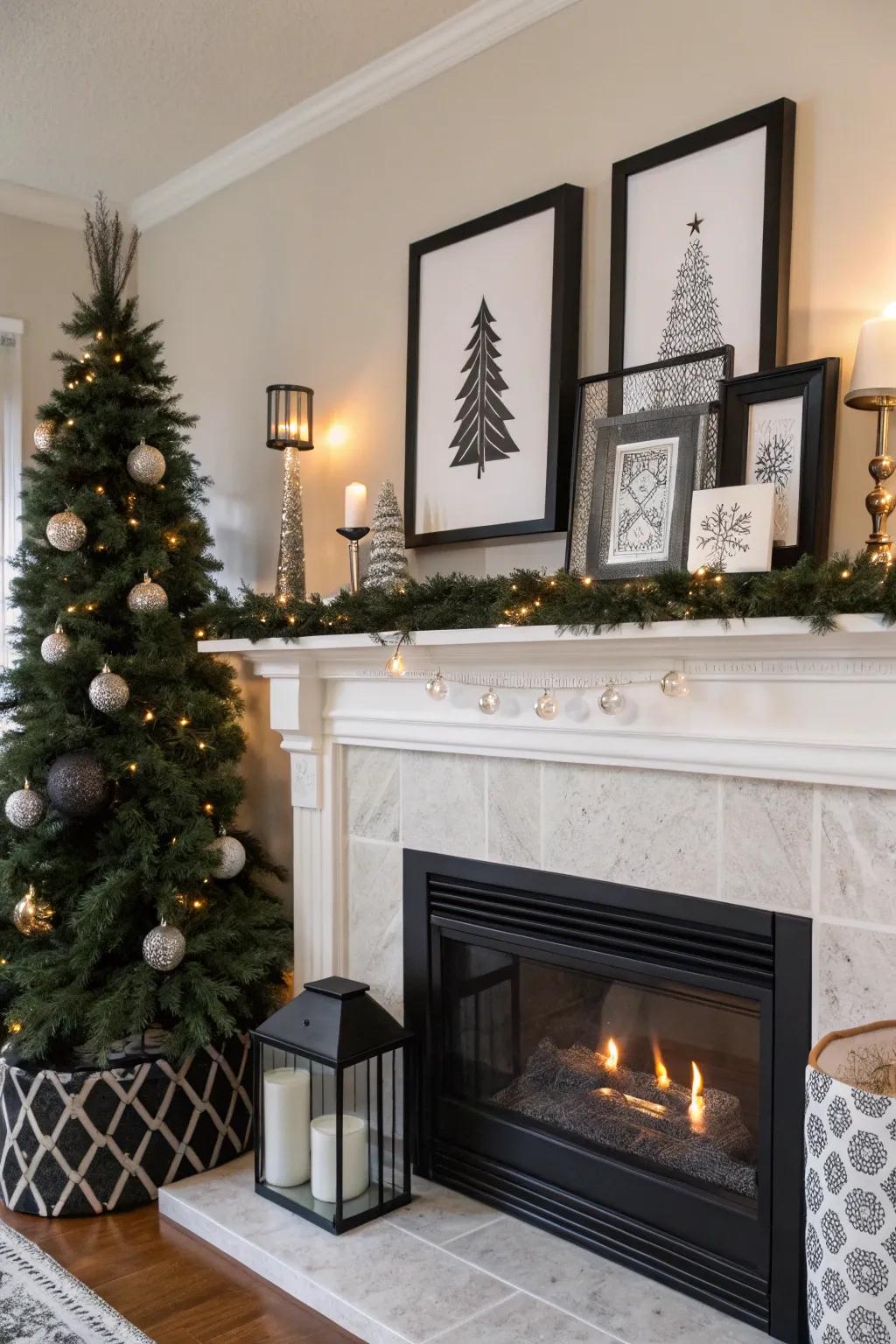 A striking Christmas mantel with bold black accents.