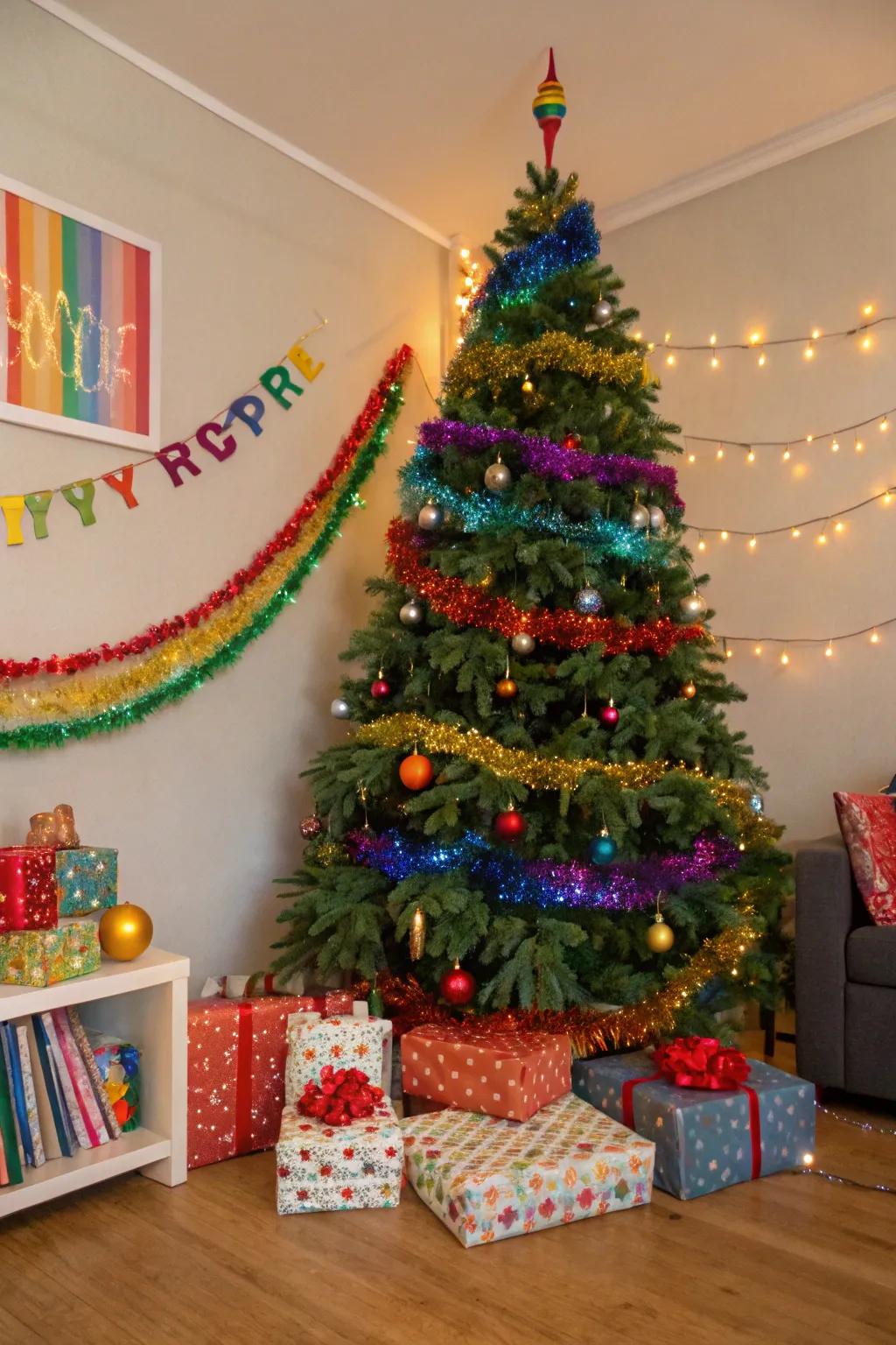 A vibrant Christmas tree with rainbow garlands