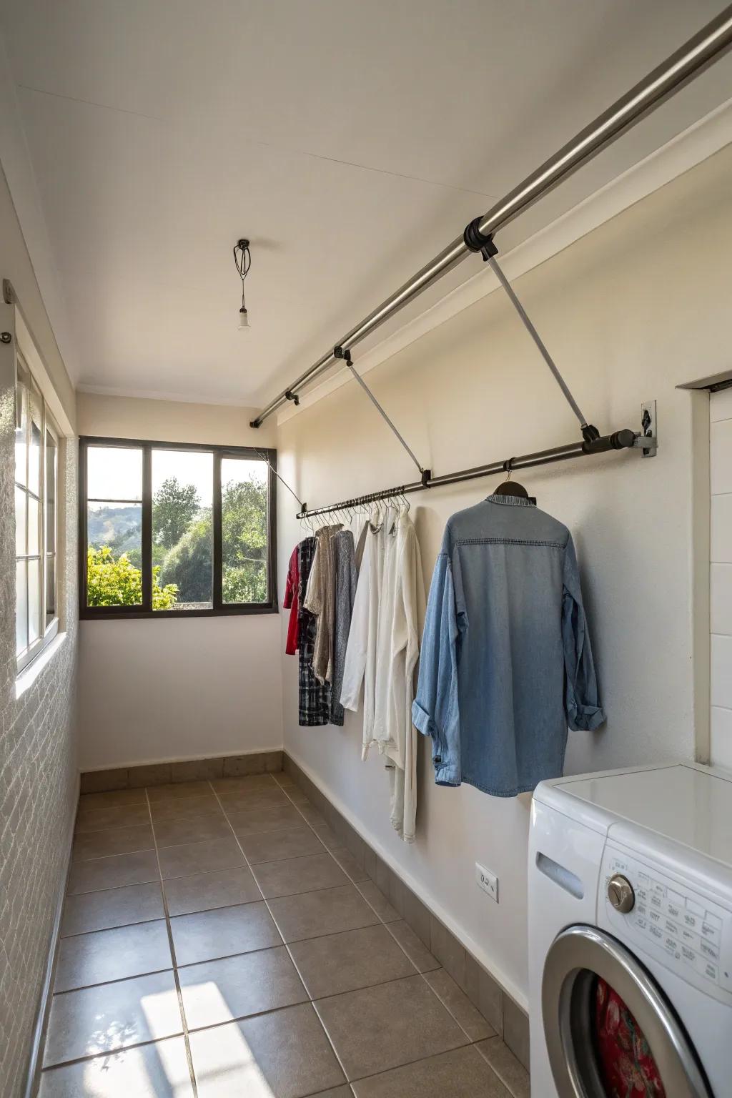 A ceiling-mounted rod providing an efficient hanging solution.