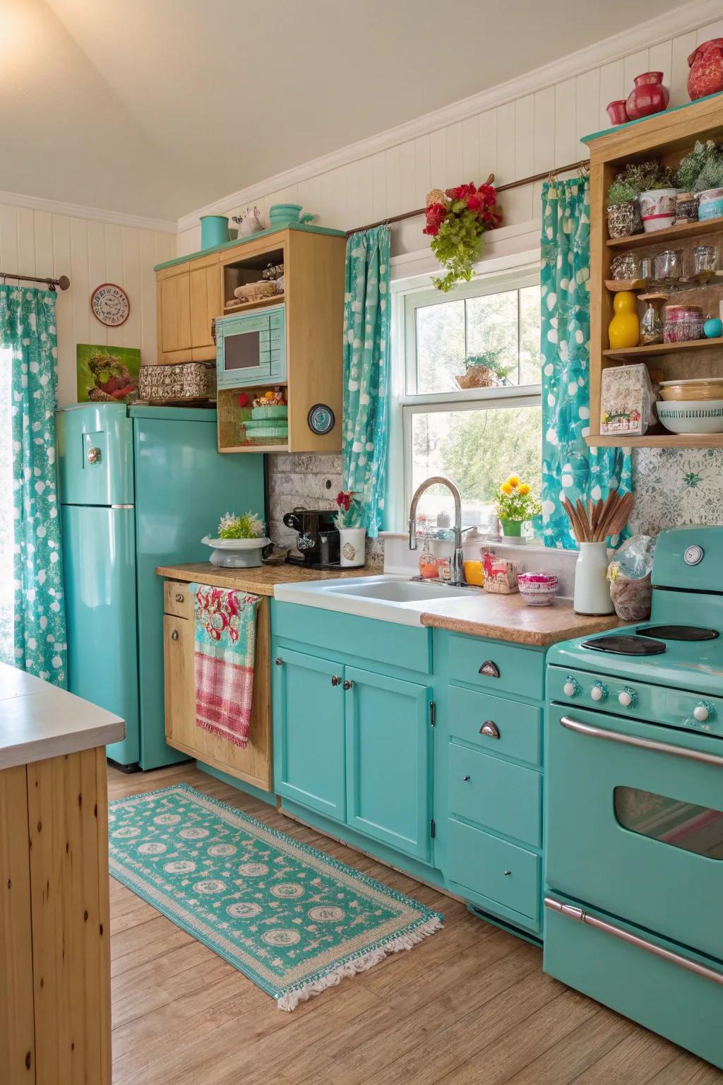 A bright kitchen featuring cheerful turquoise hues.