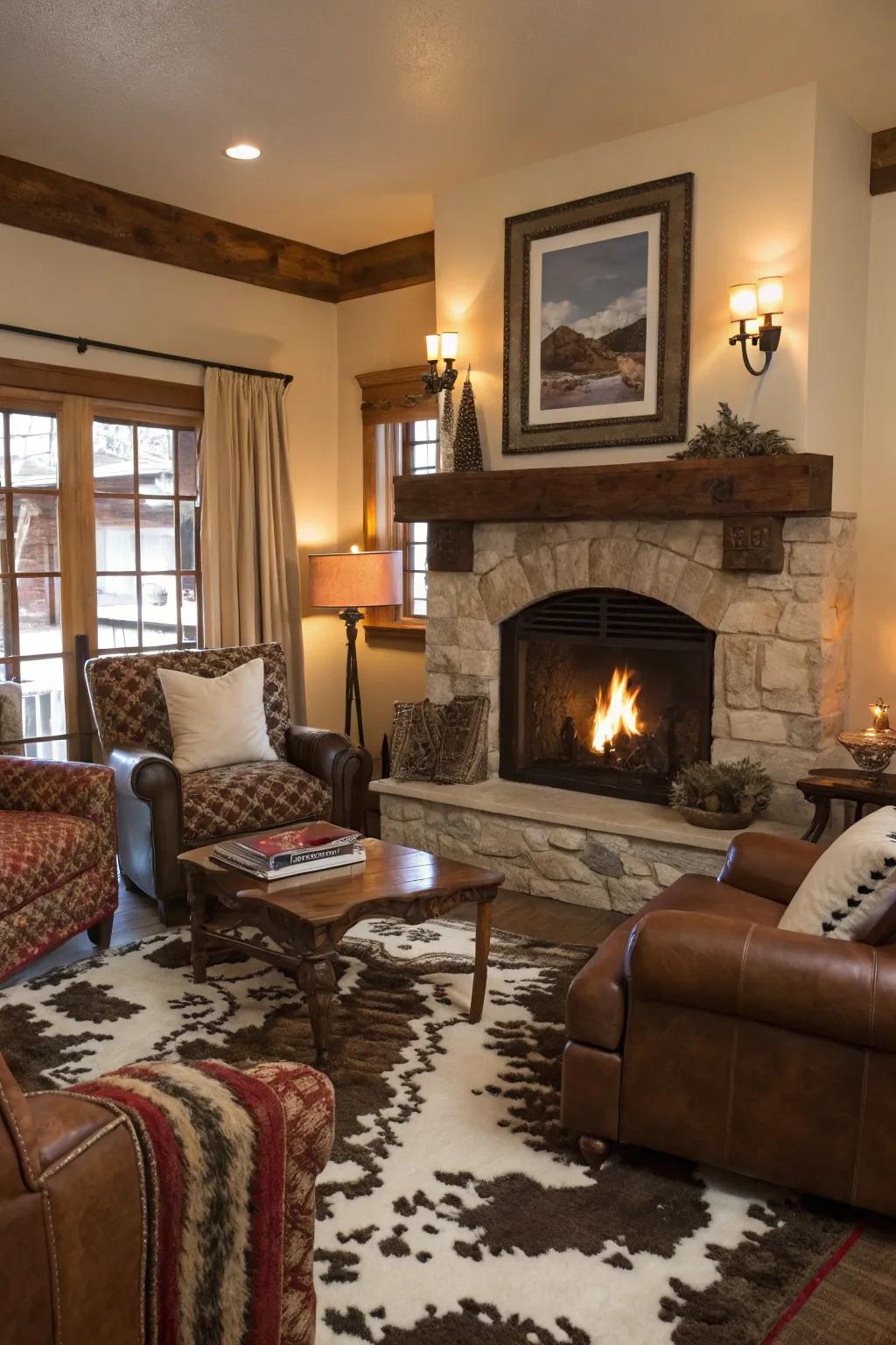 Cowhide accents add warmth to fireplace areas.