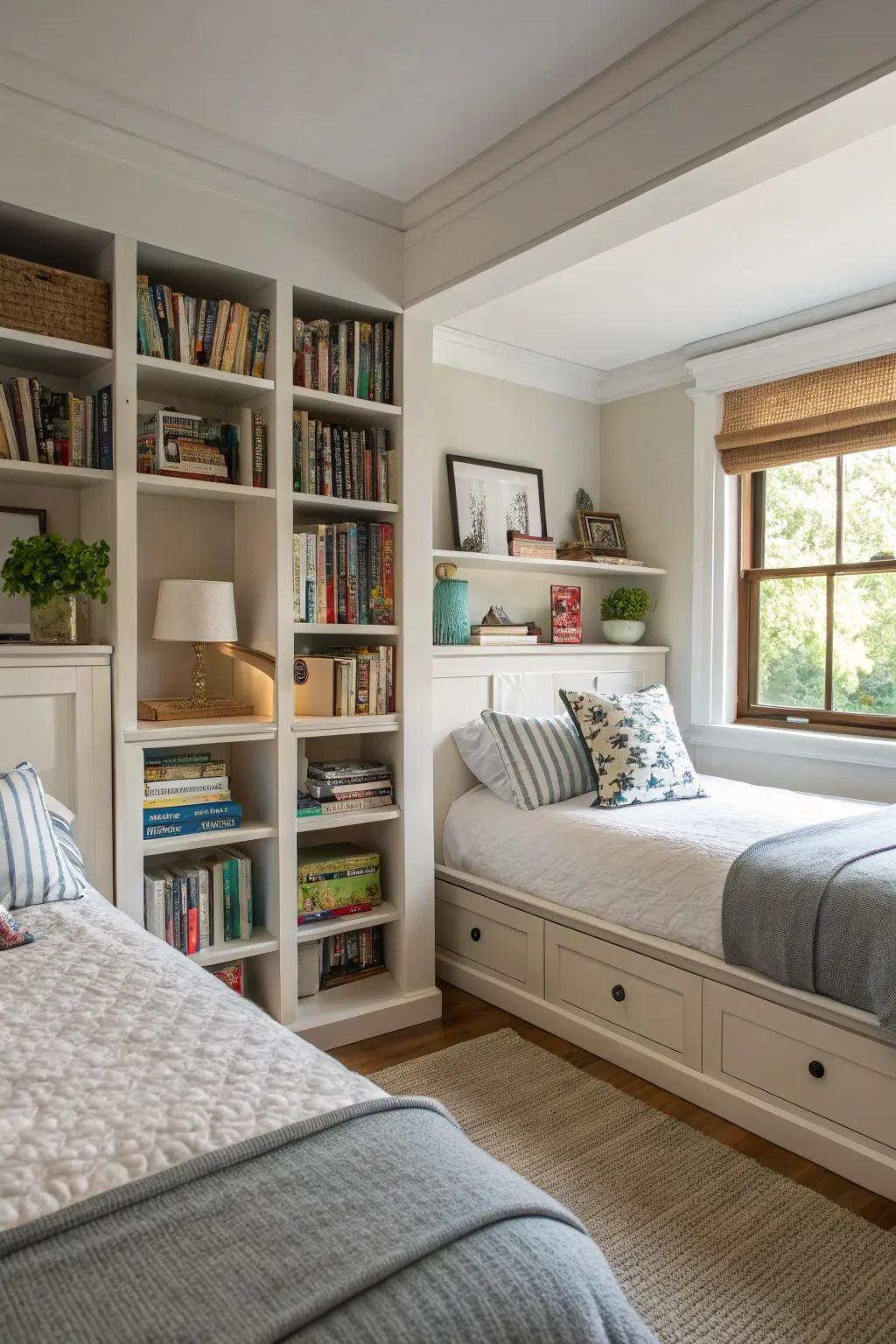 A half-wall with shelving divides the space while offering storage and style.