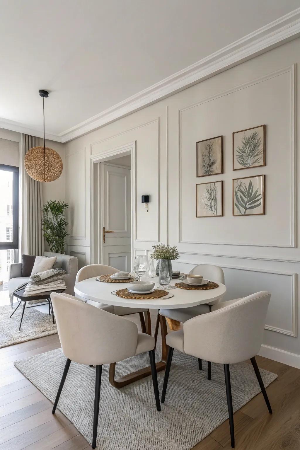 Minimalist design creates a serene and timeless dining space.