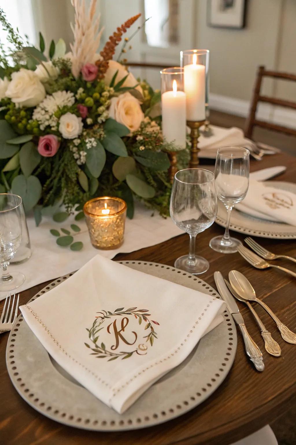 A personalized centerpiece featuring decor items like monogrammed napkins, adding a unique touch.