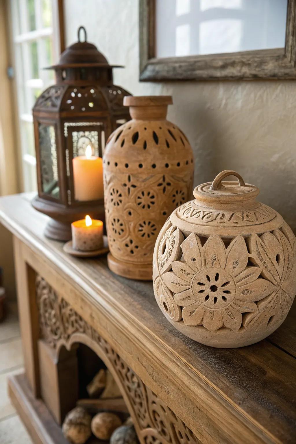 Clay lanterns bring artisanal beauty to any home setting.