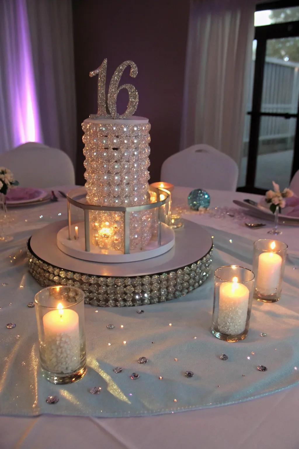 Crystals and candles bring a mystical and enchanting touch to the centerpiece.