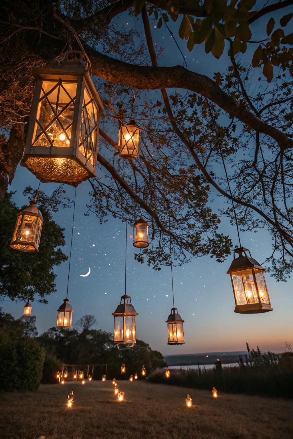 Rustic lanterns create a cozy ambiance at night.