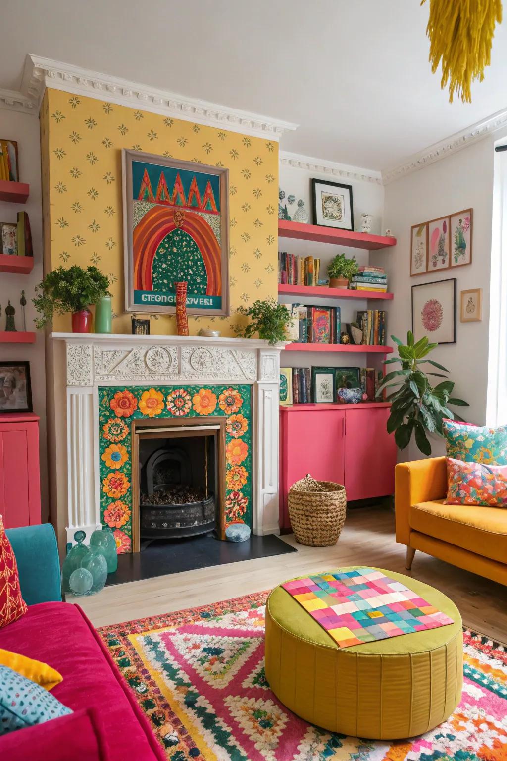 A colorful fireplace adding vibrancy and energy to the living room setting.