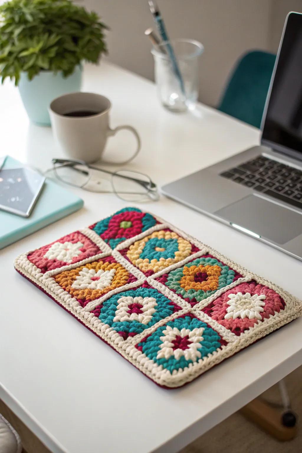 A crochet tablet cover that blends style with functionality.