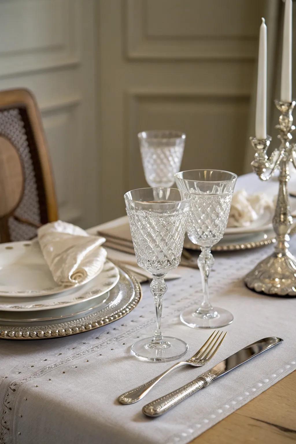 Crystal glassware adds sophistication and sparkle to this elegant French table.