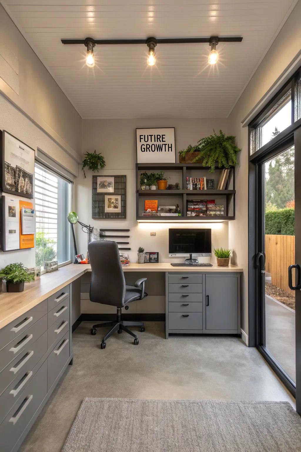 Design your garage office with flexibility to accommodate future growth and changes.