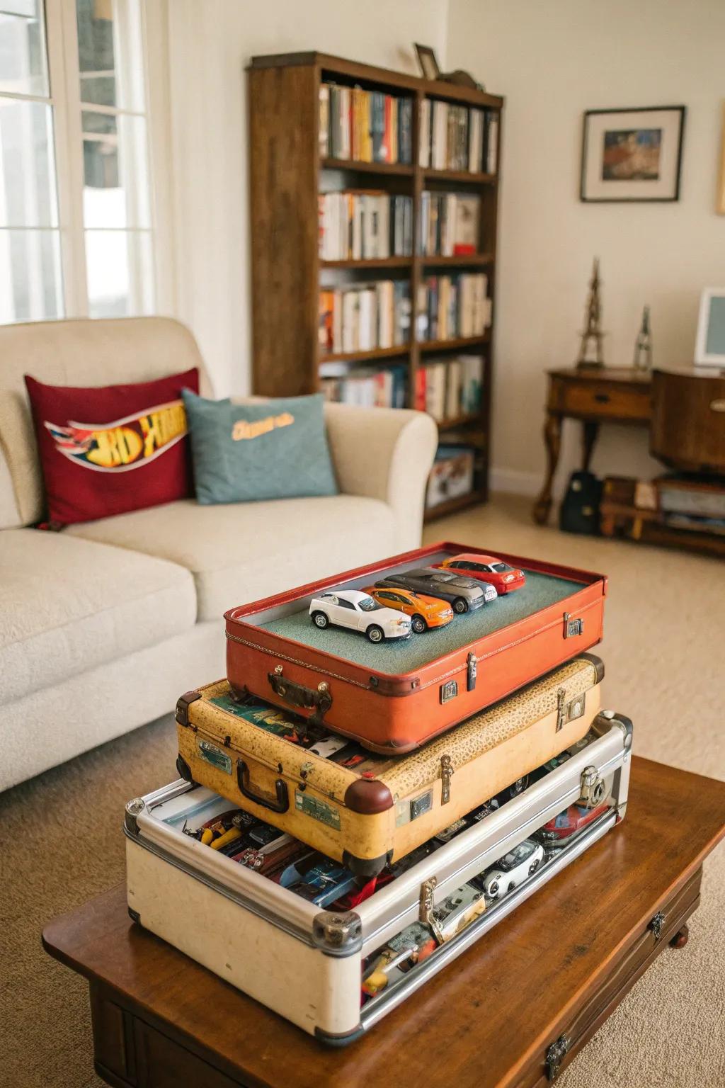 Vintage suitcases offer charming Hot Wheels storage.