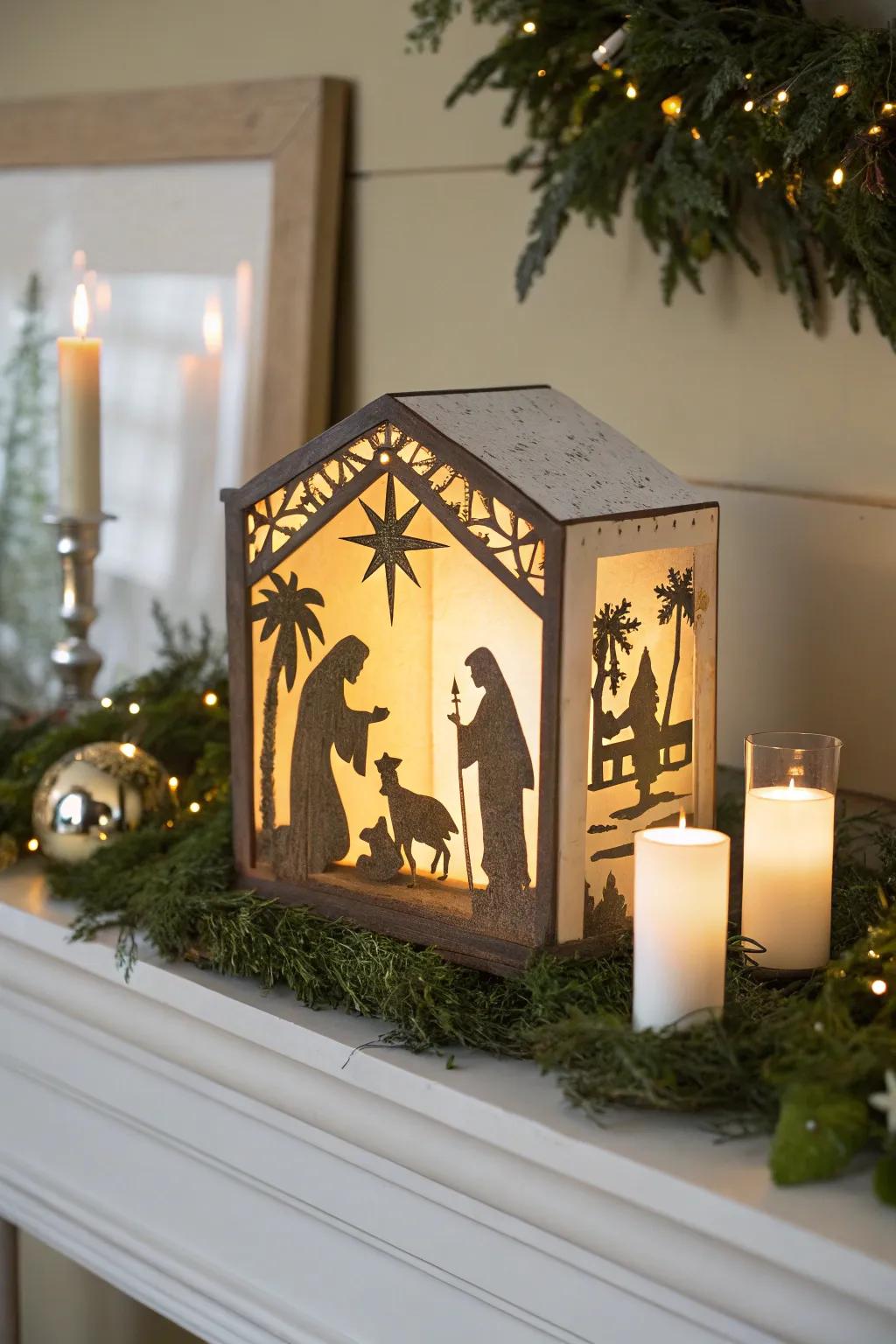 A shadow box nativity adds depth and intrigue to the holiday decor.