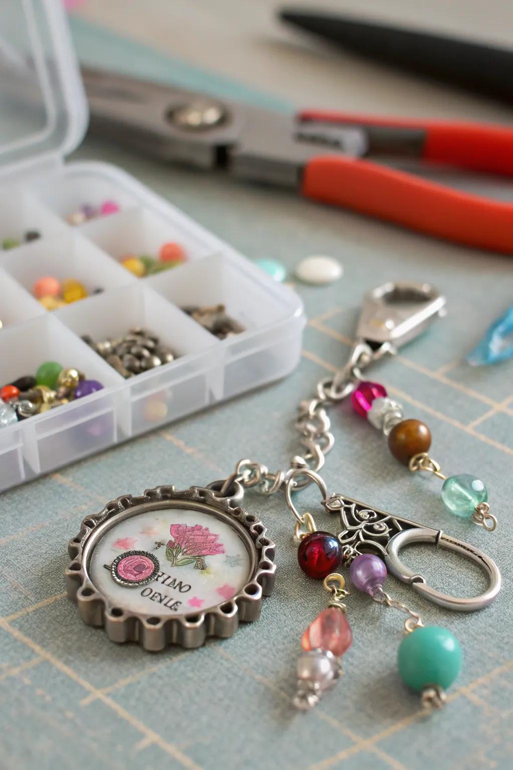 Charm and bead bottle cap pins for a personalized and lively accessory.