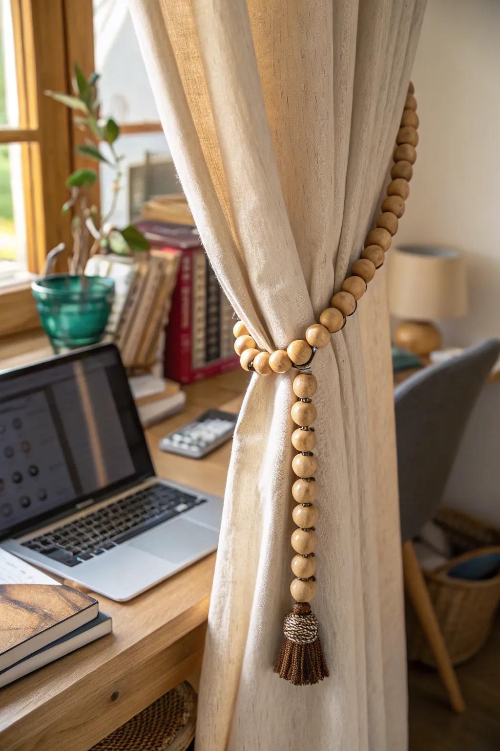 An elegant curtain tie crafted from wooden beads.