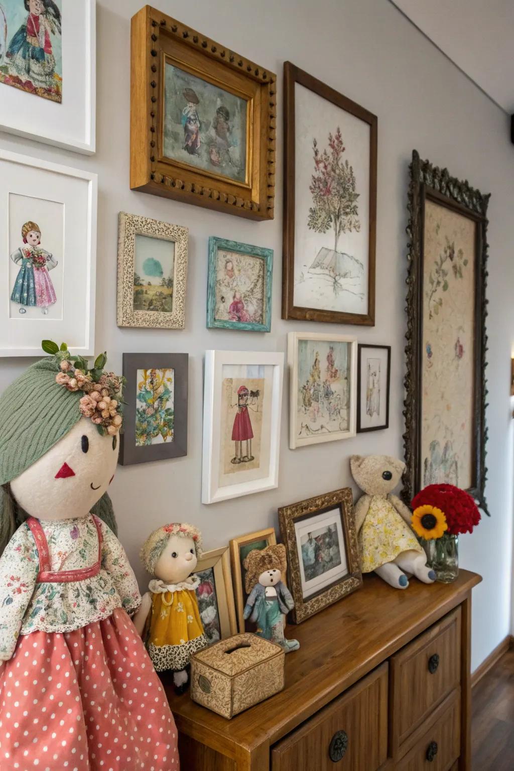 A gallery wall combining art and dolls for a personalized display.