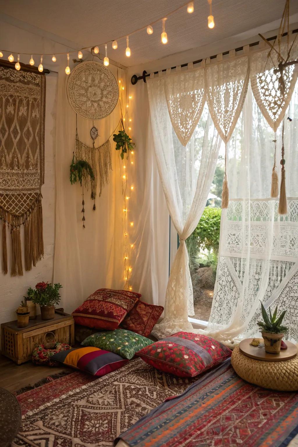 Lace curtains add a bohemian touch to decor.