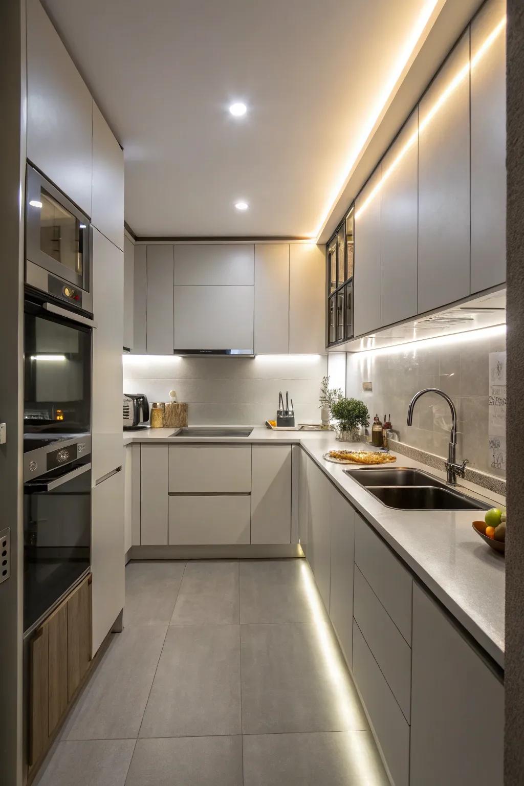 Under-cabinet LEDs add a modern and sophisticated touch to a small kitchen.