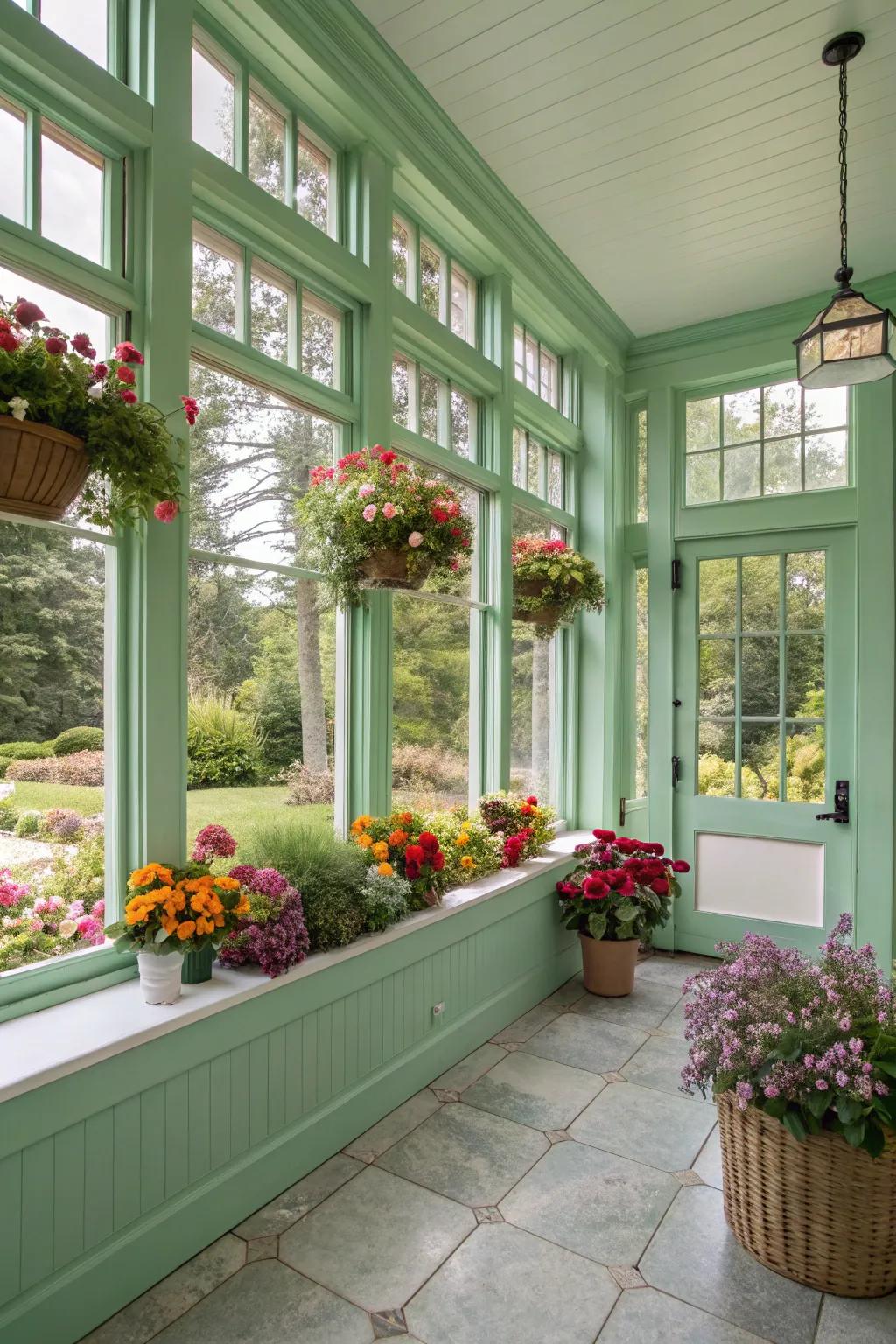 Floral decor enhancing the freshness of seafoam green walls.