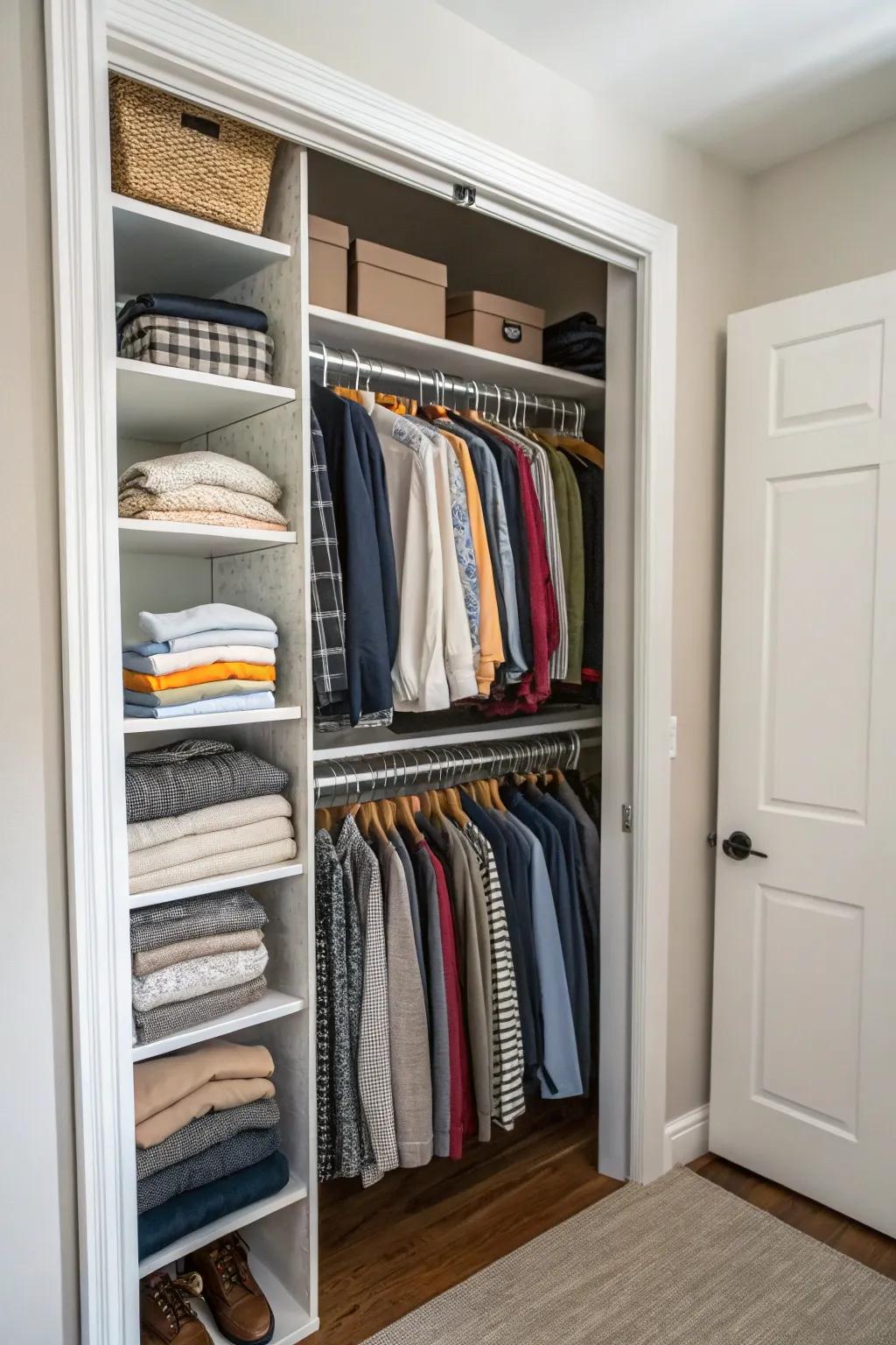 Open shelving offers style and easy access in compact closets.