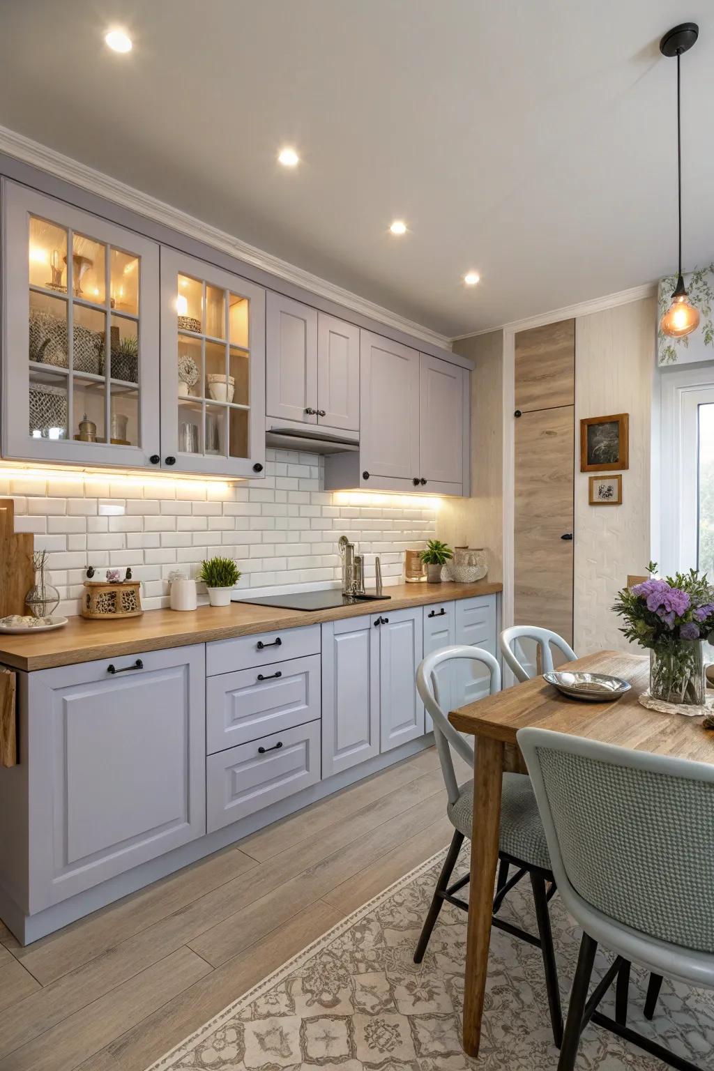 Gentle periwinkle cabinets create a serene atmosphere.