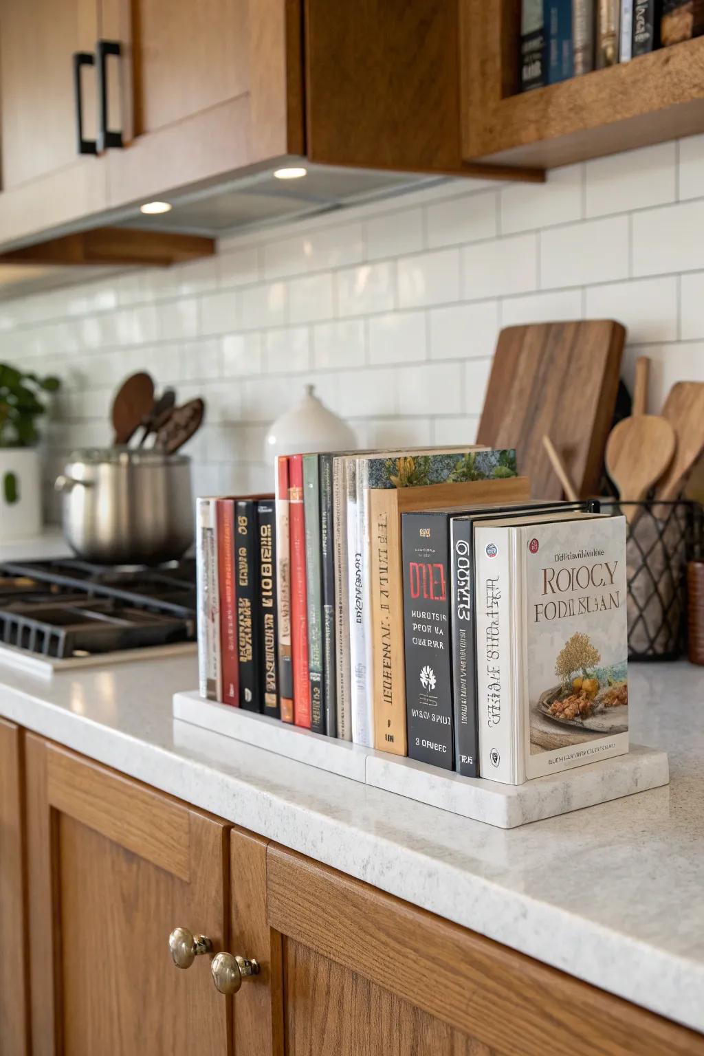 Cookbook displays add a personal touch to kitchen decor.