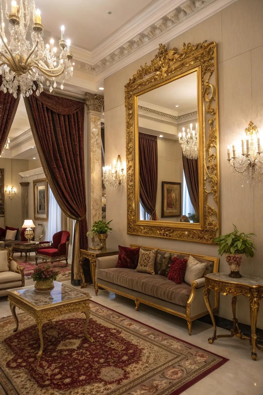 Gilded mirrors bring elegance and luxury.