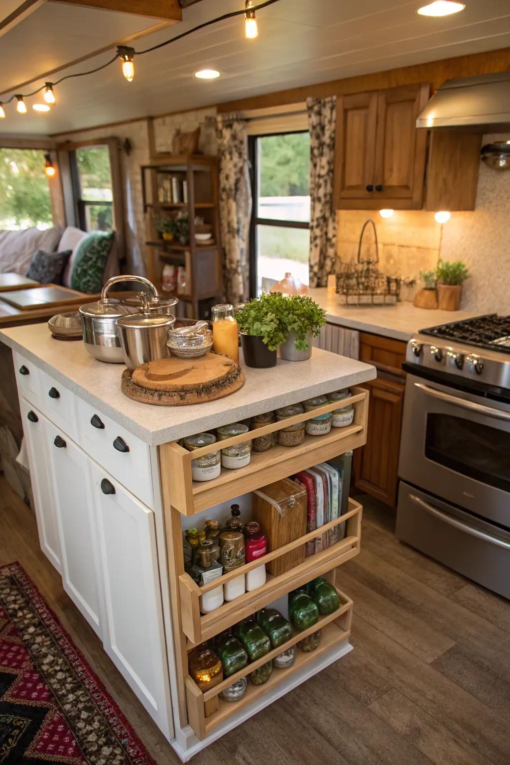 A built-in spice rack keeps essentials organized and within reach.