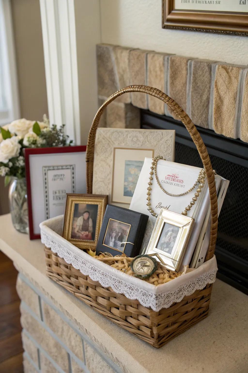 Create lasting memories with a basket of personalized keepsakes for mom.