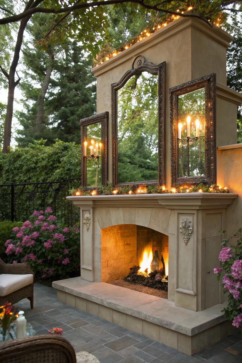 Reflective surfaces enhancing natural light around the mantel.