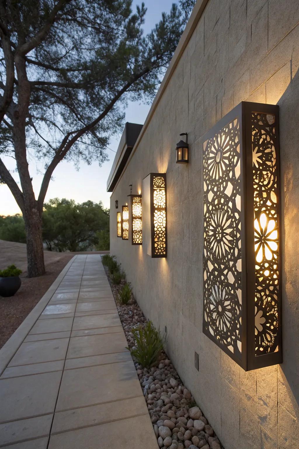 Laser-cut sconces create playful patterns and shadows.