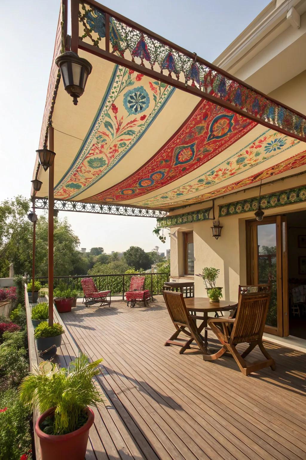 A vibrant deck with a traditional awning in bold colors, offering shade and character.