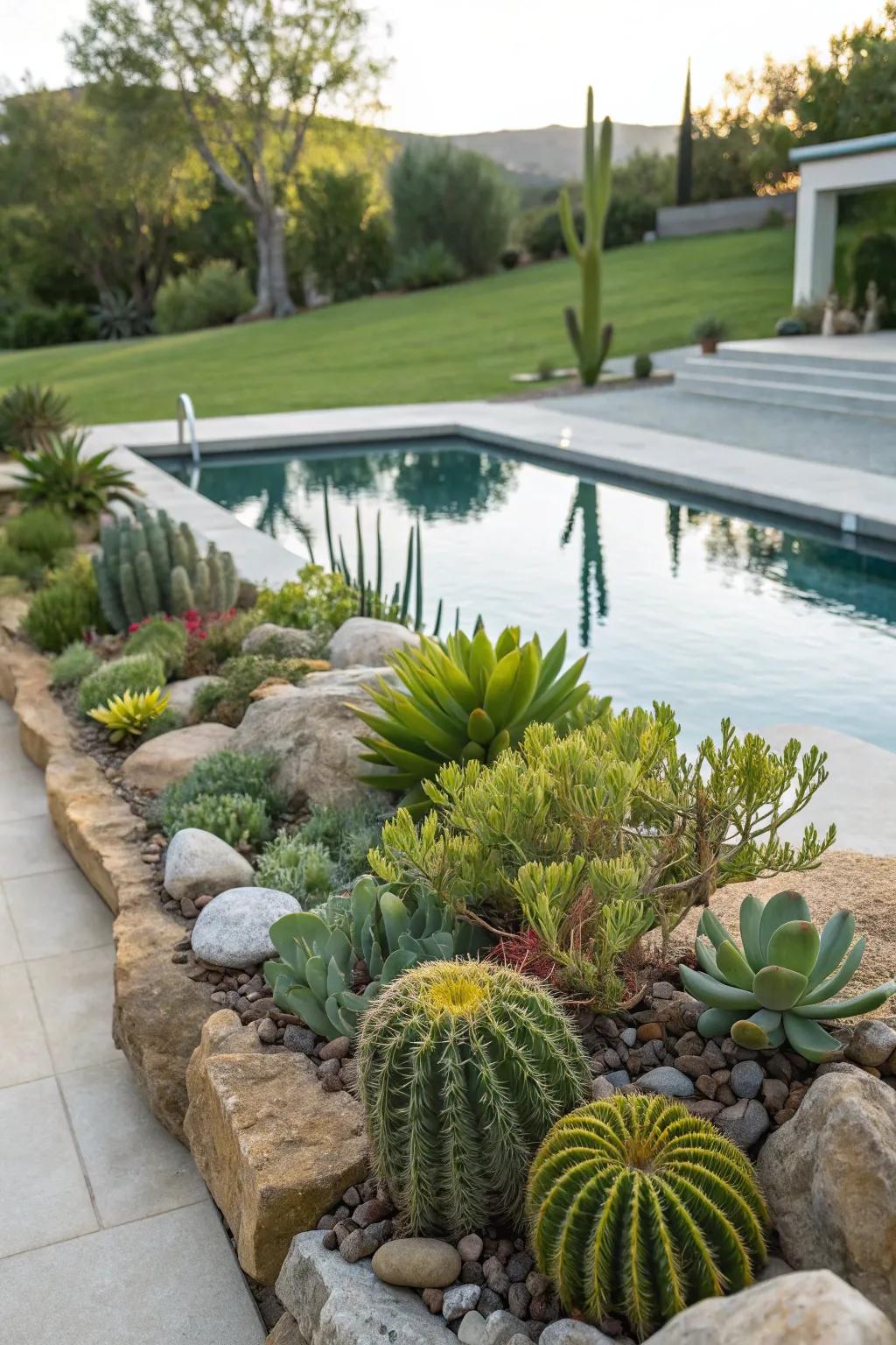 A poolside rock garden frames the pool area beautifully.