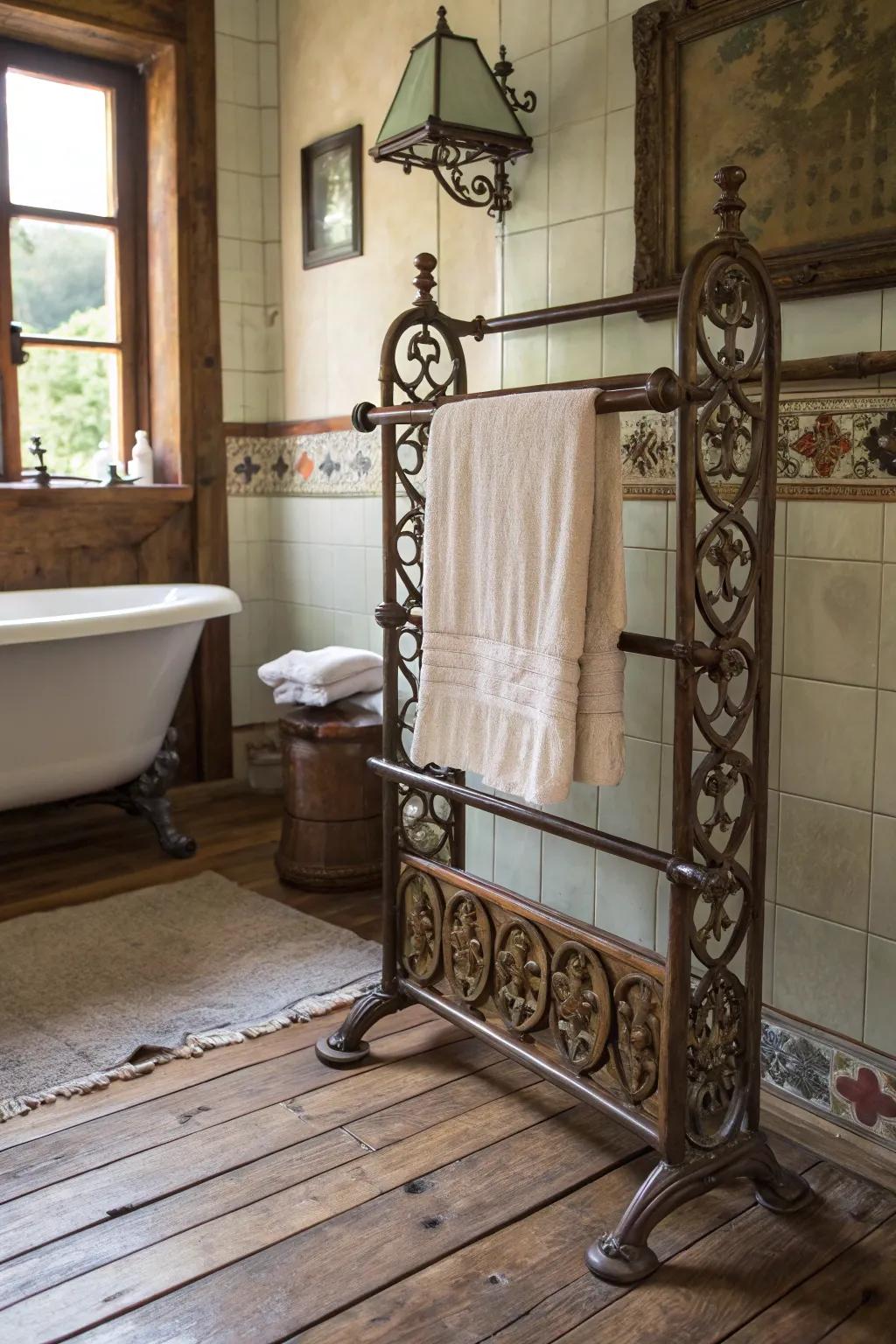 Old-world charm: an antique iron railing towel rack.