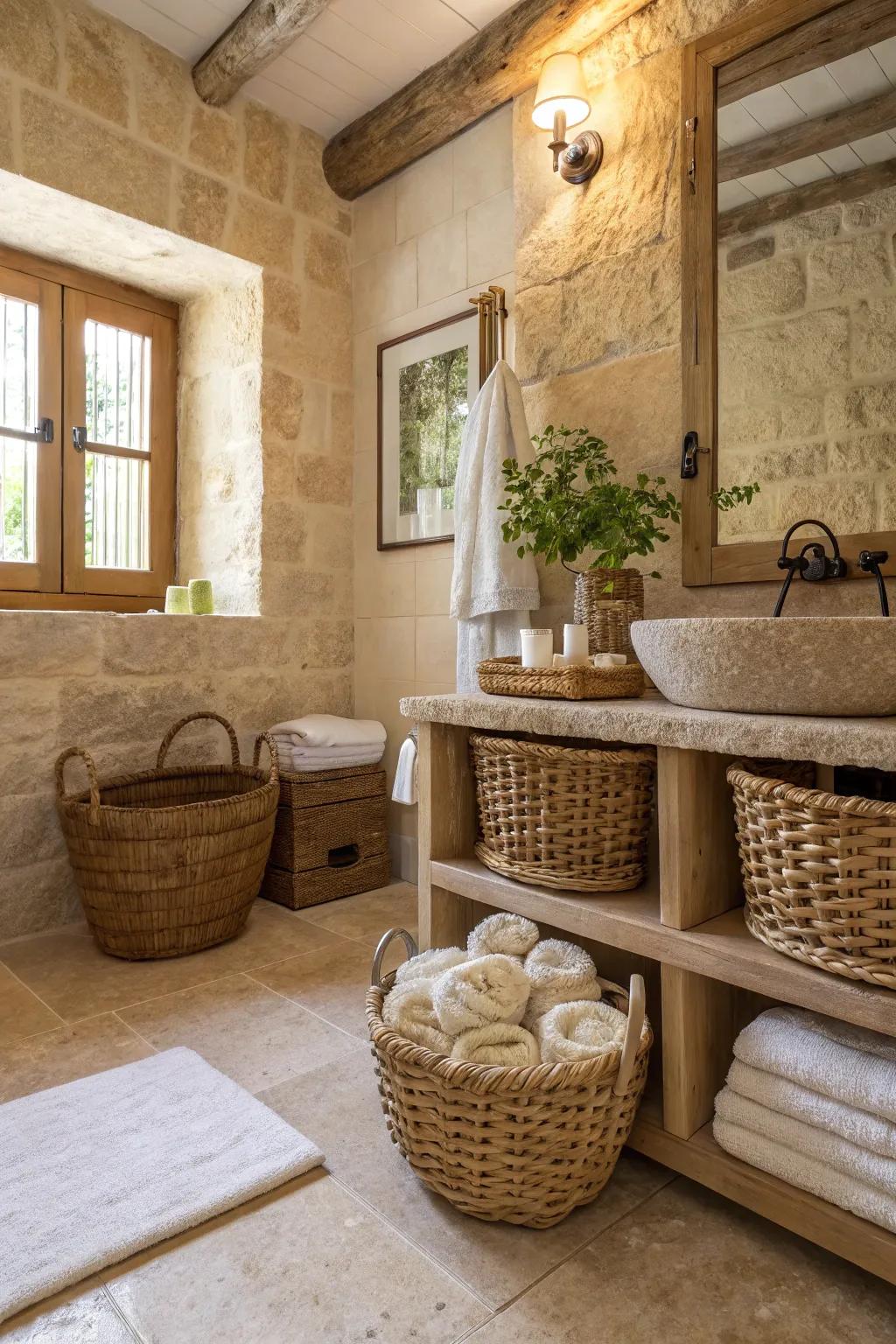 Textured accessories enhance the depth and character of a travertine bathroom.