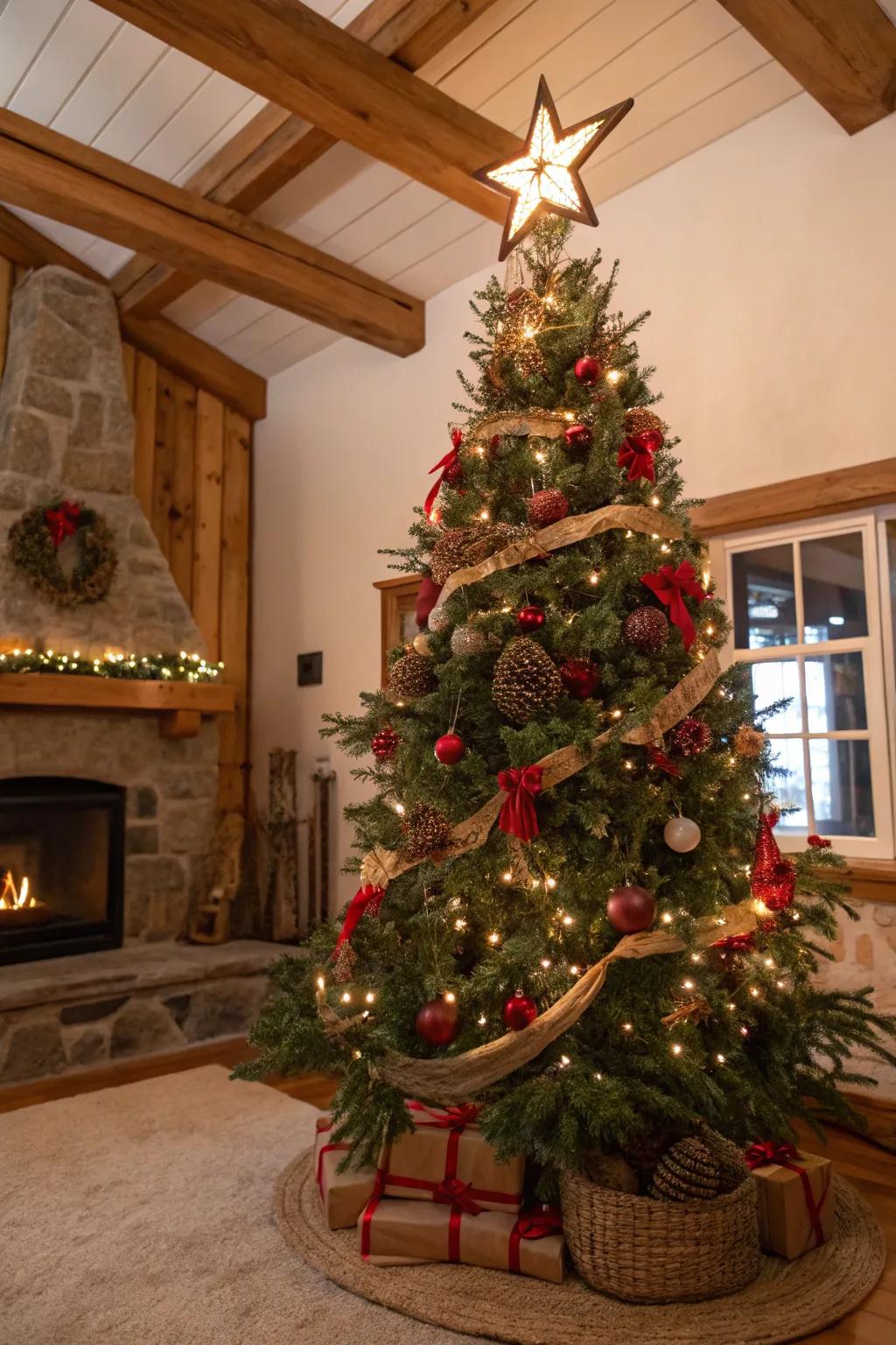 A branch star crafted from twigs adds natural charm to this rustic Christmas tree.