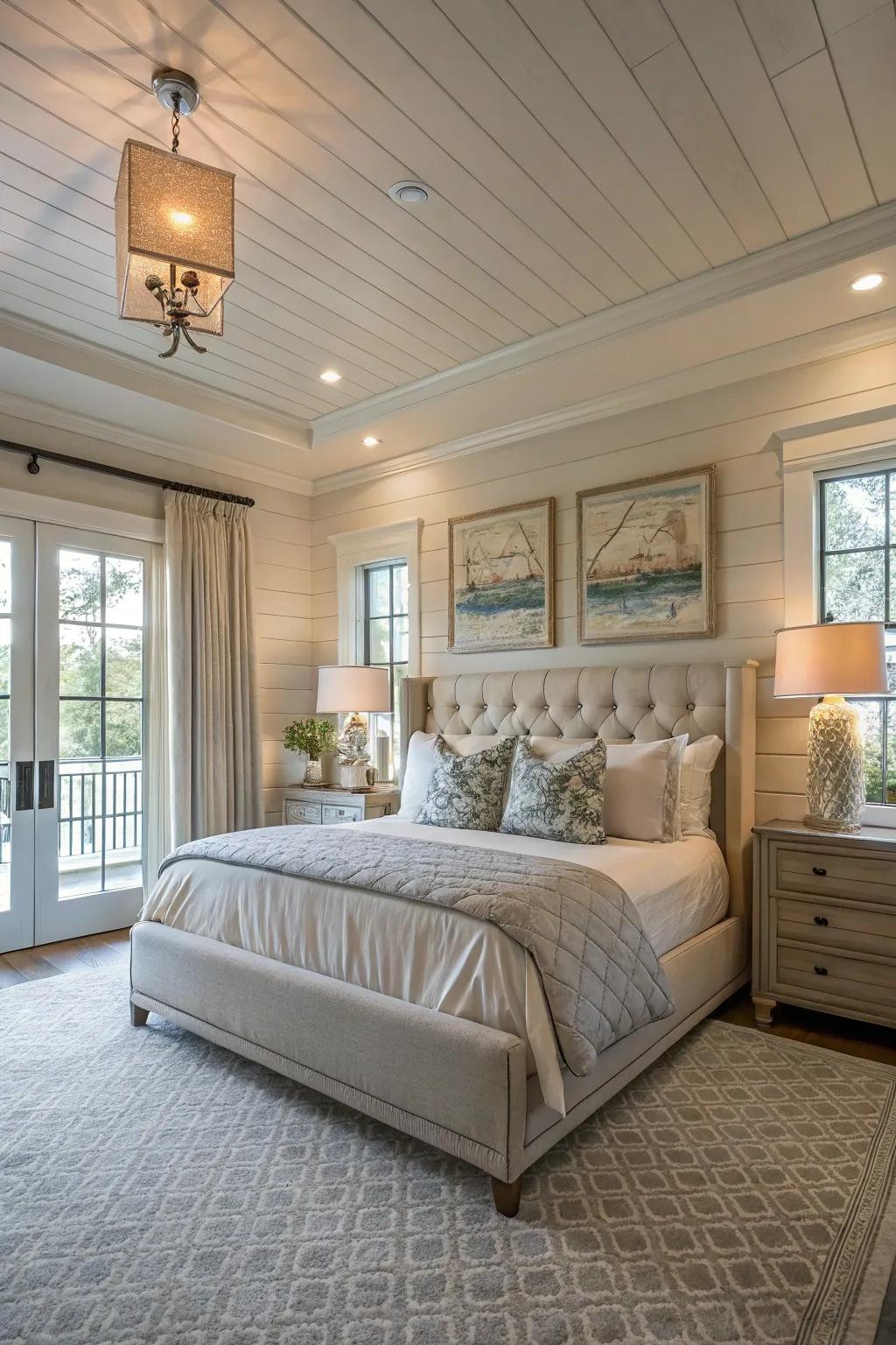 A luxe master suite with elegant shiplap wainscoting.