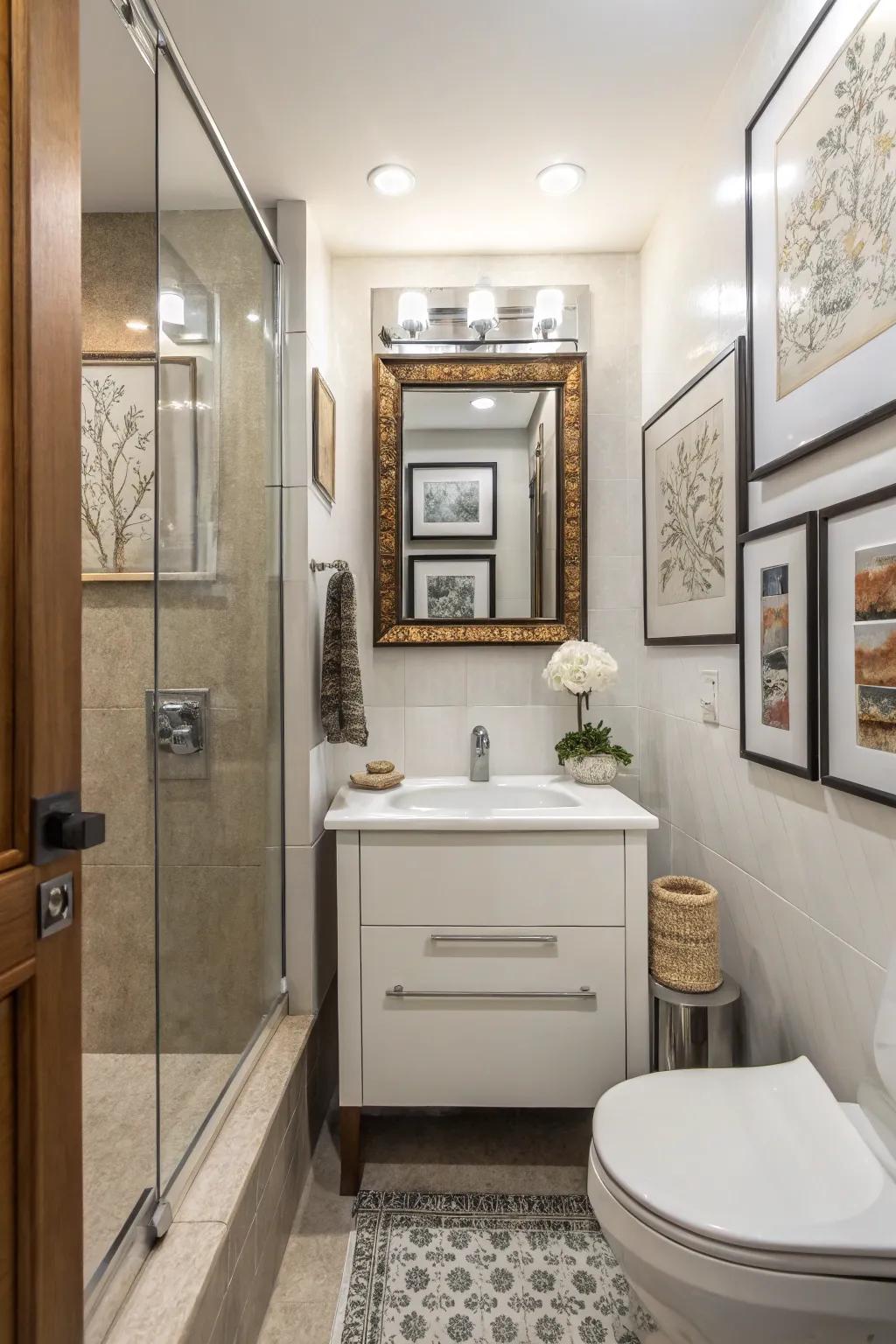 Art adds a personal touch to small bathroom spaces.