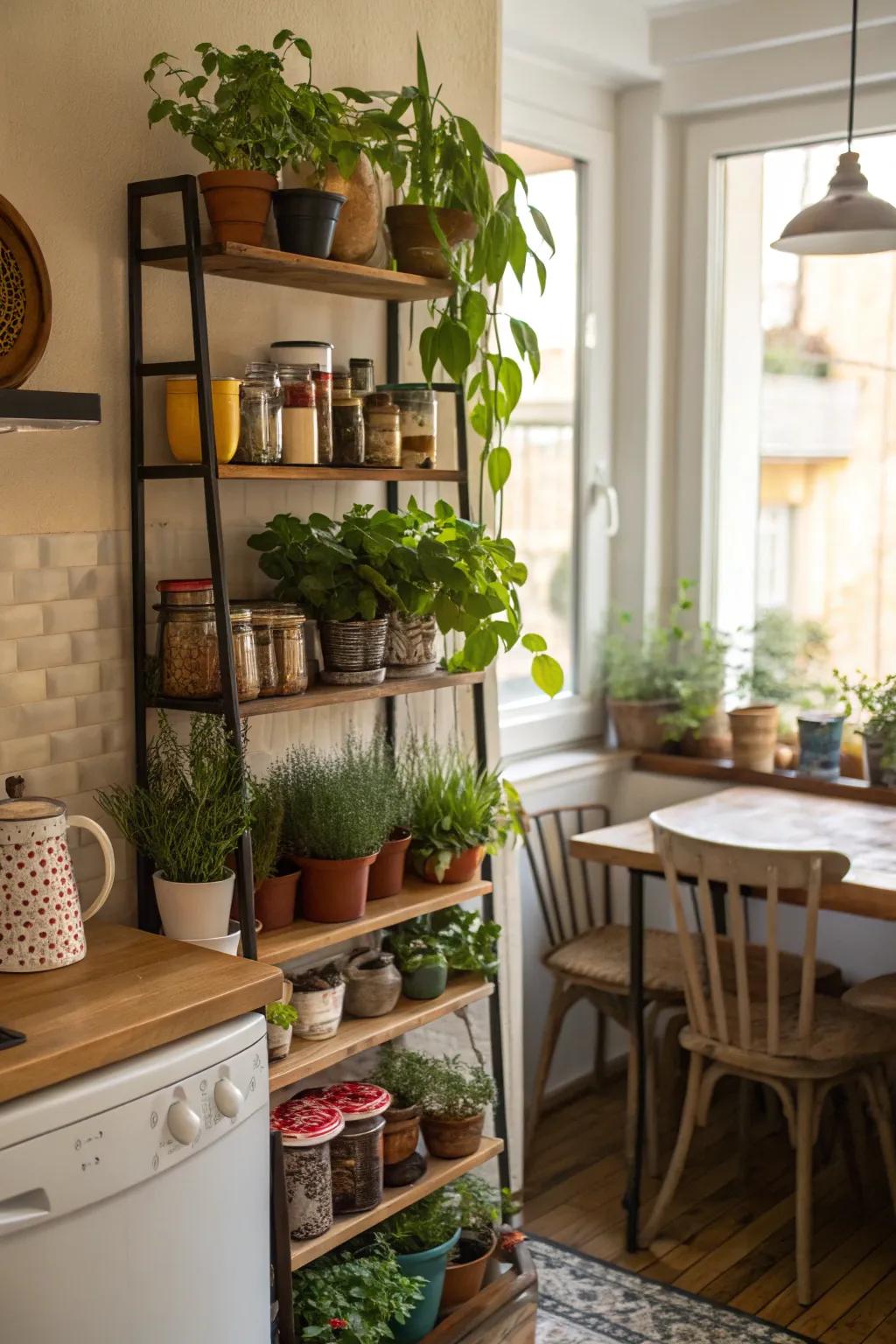 Corner shelves turn unused spaces into charming storage.