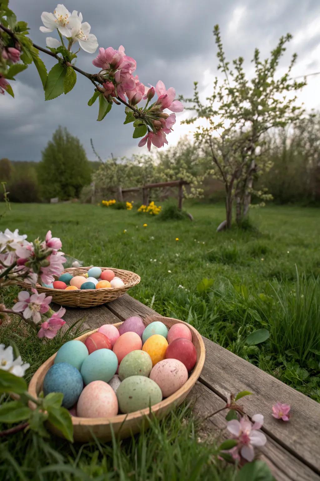 Naturally dyed Easter eggs adding beauty to the garden.